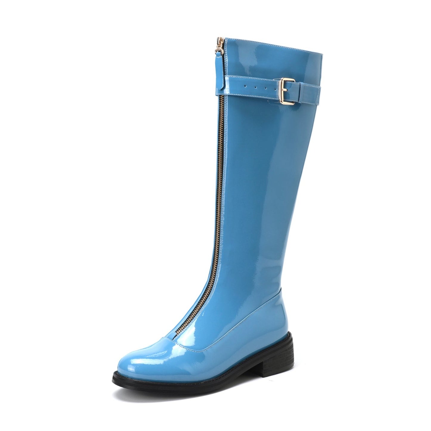 TinaCus Women's Genuine Leather Handmade Round Toe Front Zipper Comfort Low Heel Knee High Boots with Buckle