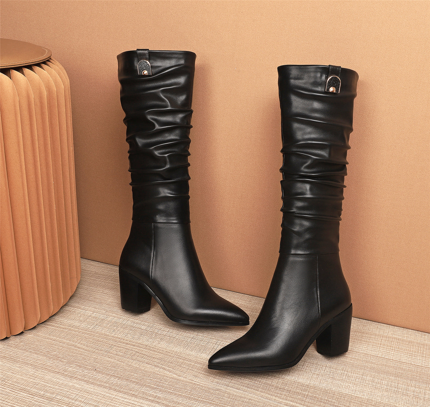 TinaCus Women's Genuine Leather Pointed Toe Handmade Chunky Heel Zip Up Stylish Crumpled Knee High Boots