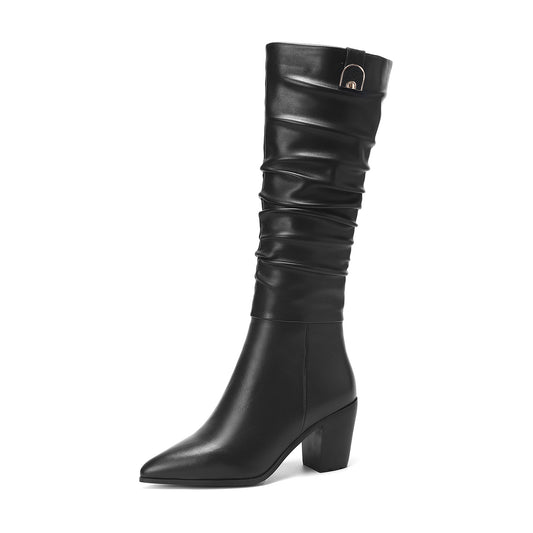 TinaCus Damen-Stiefel aus echtem Leder, spitze Zehenpartie, handgefertigt, klobiger Absatz, Reißverschluss, stilvoll, zerknittert, kniehoch