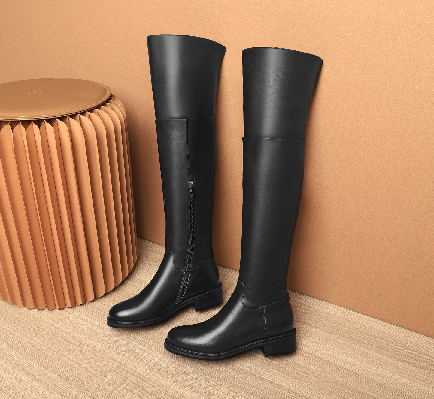 TinaCus Women's Genuine Leather Round Toe Handmade Half Side Zipper Low Chunky Heel Over Knee Boots