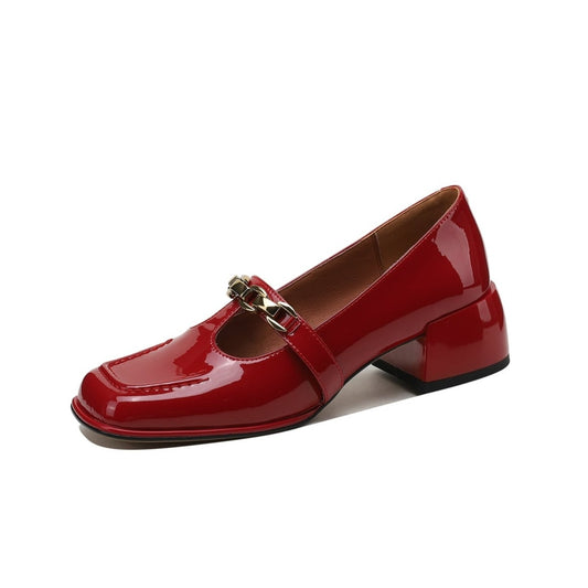 TinaCus Handmade Women's Patent Leather Chain T-Strap Square Toe Low Chunky Heel Mary Janes Pumps Shoes
