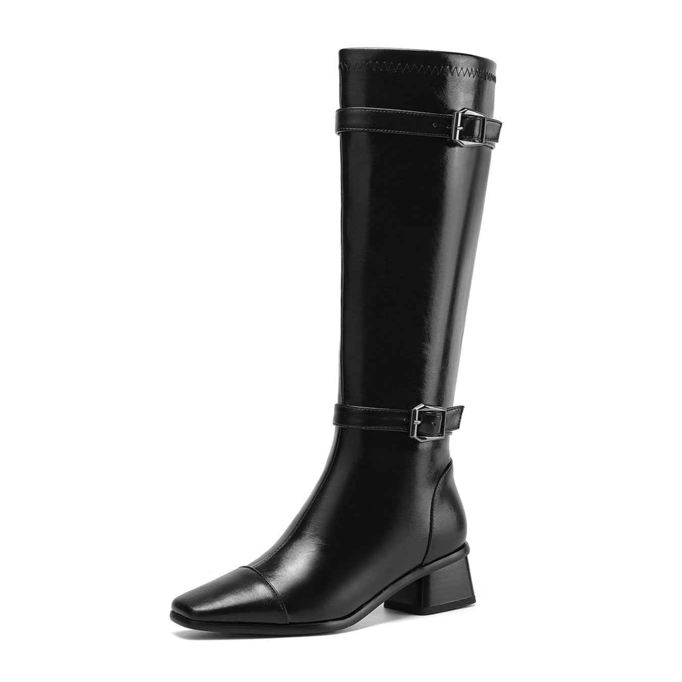 TinaCus Women's Square Toe Genuine Leather Handmade Zipper Chunky Heels Trendy Knee High Boots with Buckles