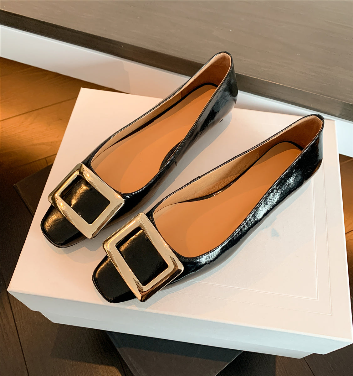 TinaCus Women's Square Toe Patent Leather Handmade Buckle Comfort Slip On Flat