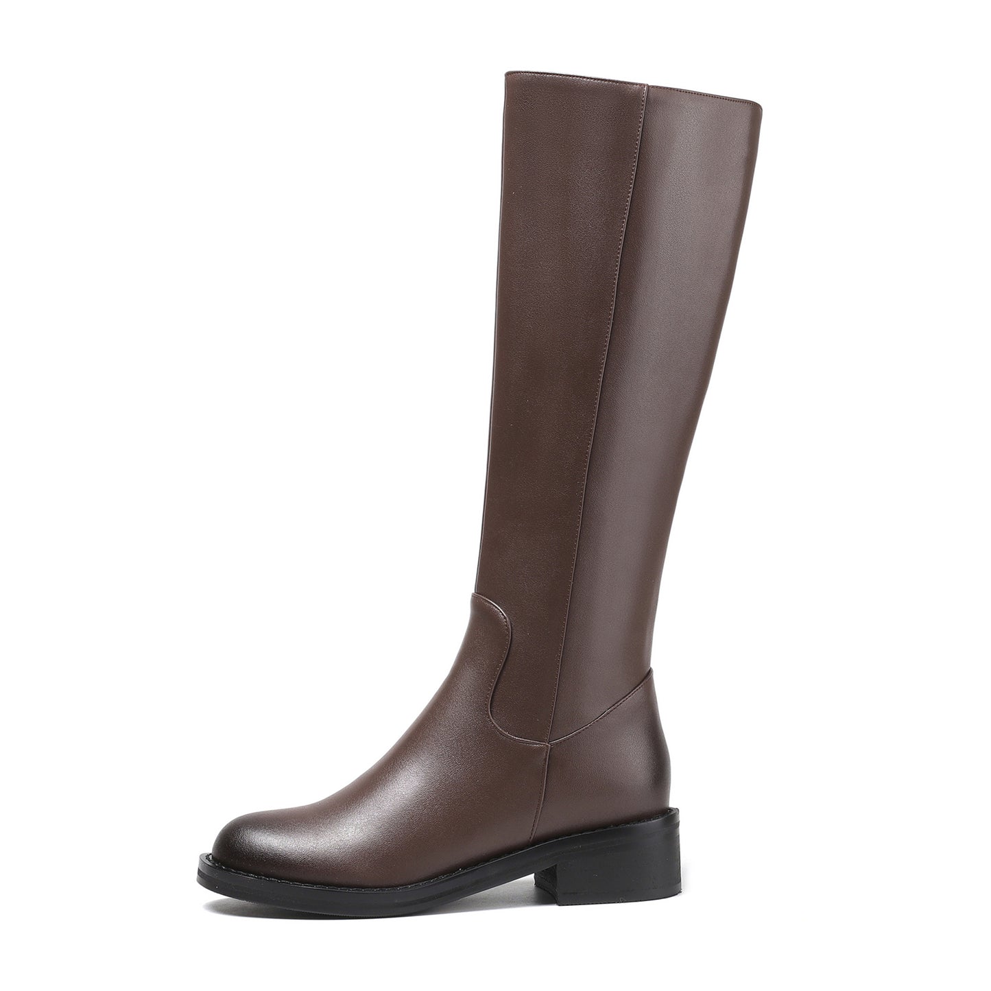 TinaCus Round Toe Genuine Leather Handmade Side Zipper Comfort Low Chunky Heels Women's Knee High Boots