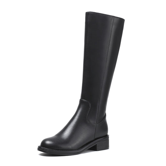 TinaCus Round Toe Genuine Leather Handmade Side Zipper Comfort Low Chunky Heels Women's Knee High Boots