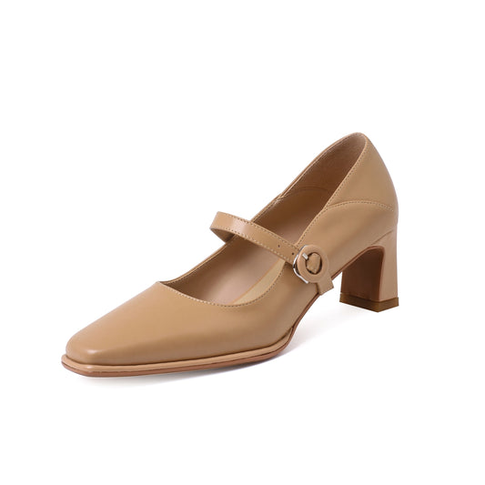 TinaCus Mary-Jane-Pumps für Damen aus echtem Leder, handgefertigt, klassisch, quadratische Zehenpartie, mittlerer Absatz, Schnallenverschluss