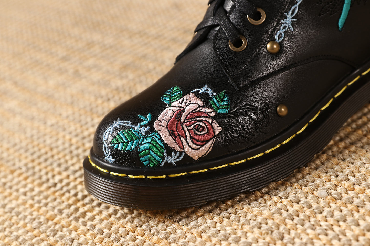 TinaCus Handmade Women's Genuine Leather Ethnic Embroidered Floral Round Toe Low Chunky Heel Front Lace Up Combat Boots
