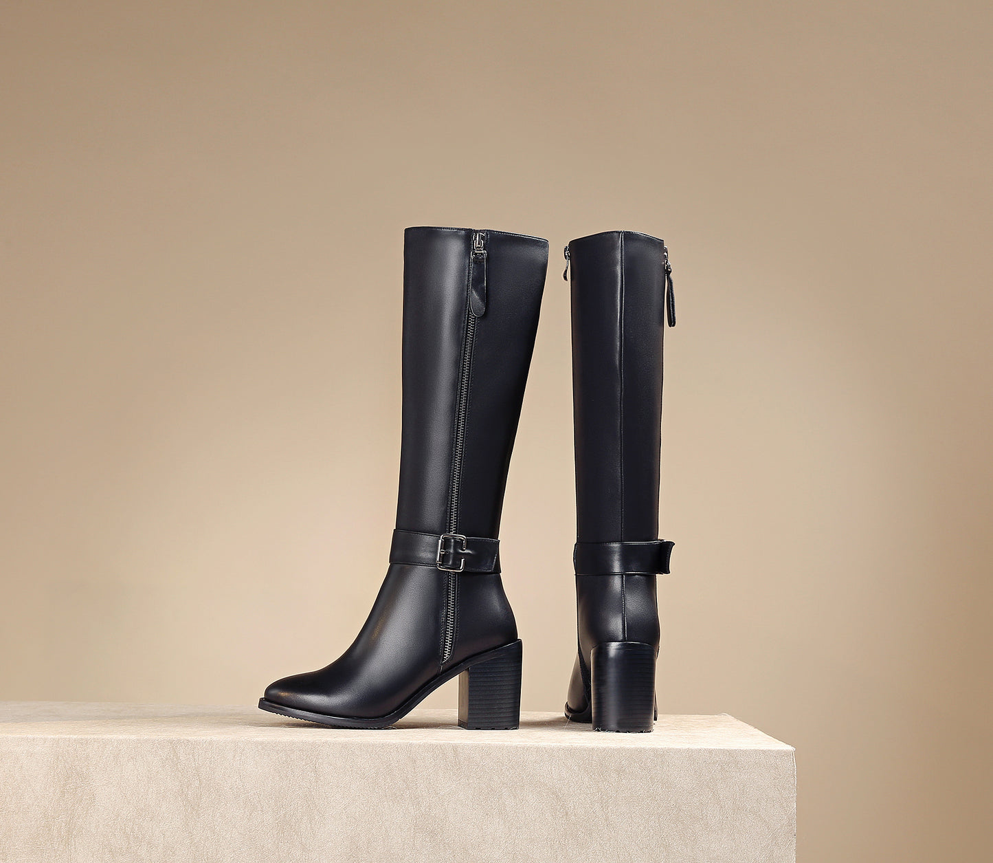 TinaCus Women's Genuine Leather Round Toe Handmade Buckled Dual Zippers High Chunky Heels Stylish Knee High Boots