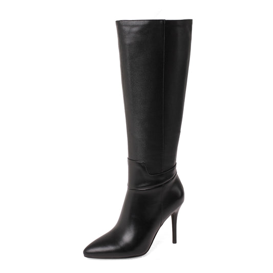 TinaCus Genuine Leather Women's Pointed Toe Side Zip Handmade Stiletto High Heel Knee High Boots