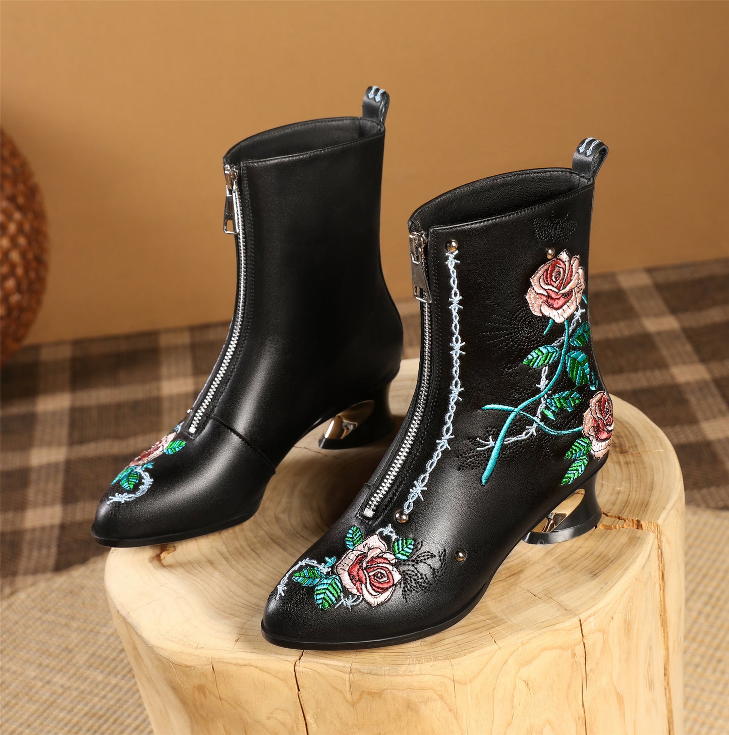 TinaCus Handmade Women's Genuine Leather Ethnic Embroidered Floral Pointed Toe Low Chunky Heel Front Zipper Mid-Calf Boots