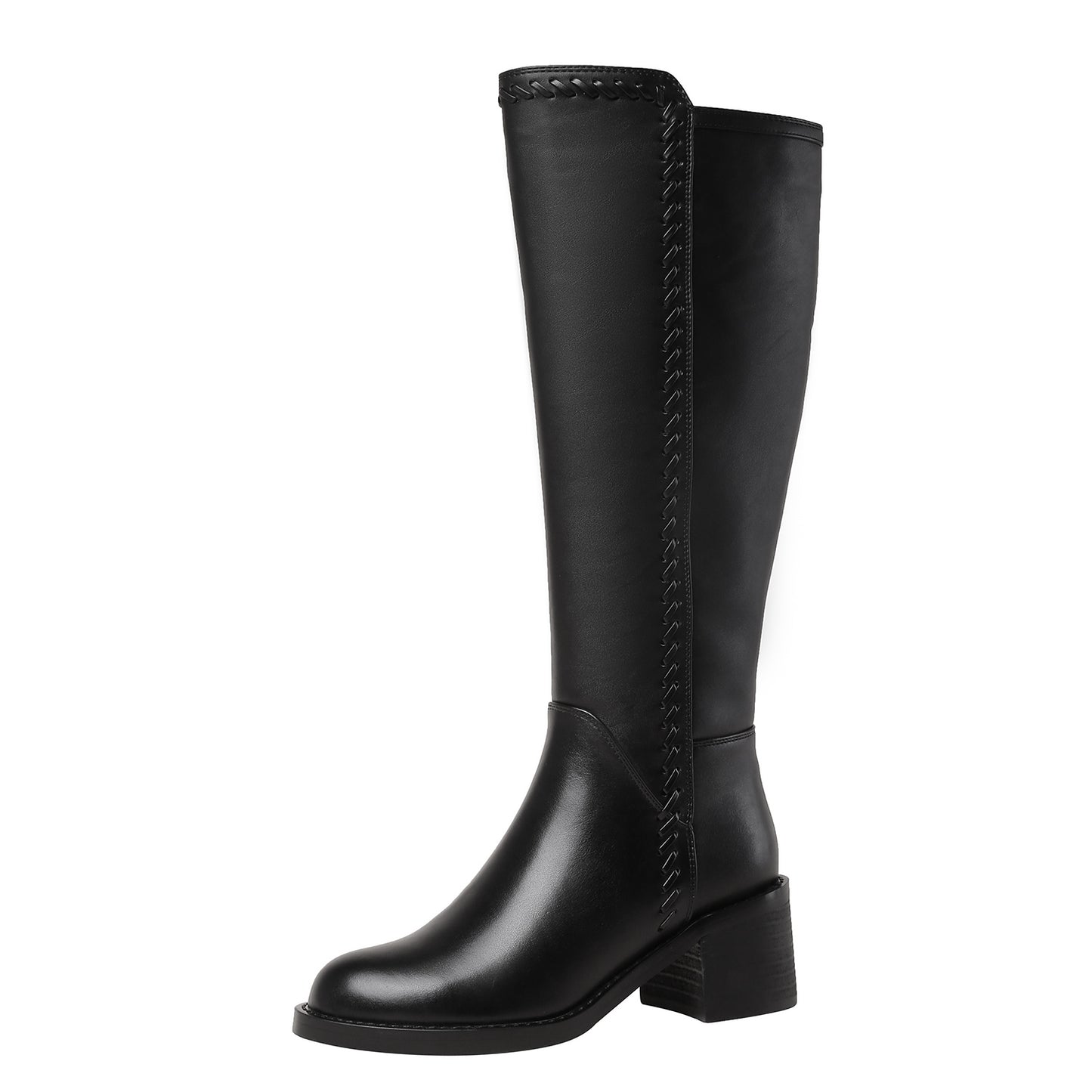 TinaCus Women's Handmade Genuine Leather Round Toe Mid Block Heel Side Zip Up Black Knee High Boots