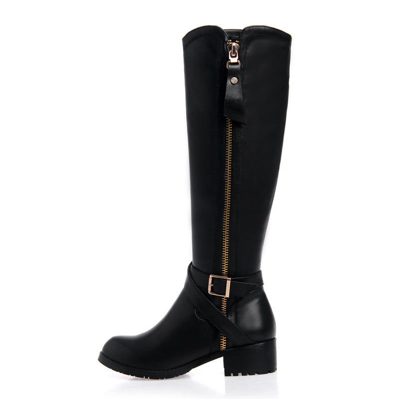 TinaCus Women's Genuine Leather Handmade Round Toe Side Zip Up Low Chunky Heel Black Knee High Boots with Stylish Buckle