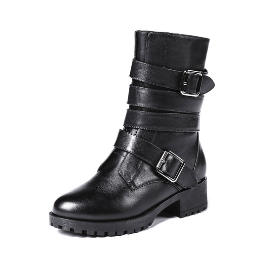 TinaCus Women's Round Toe Genuine Leather Handmade Buckle Belt Zip Up Chic Mid Calf Boots