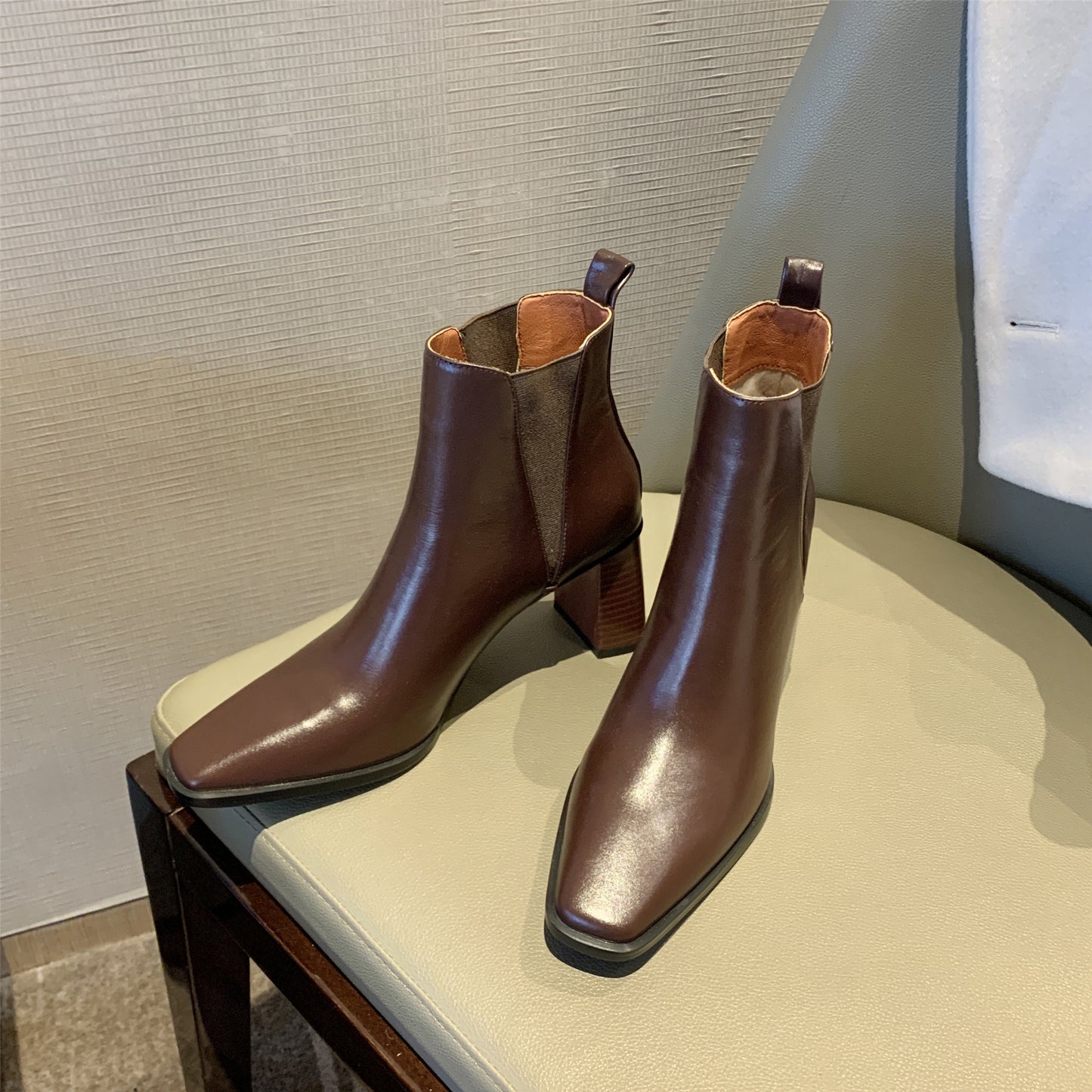 TinaCus Women's Genuine Leather Square Toe Handmade Block Heel Elastic Slip On Vintage Ankle Boots