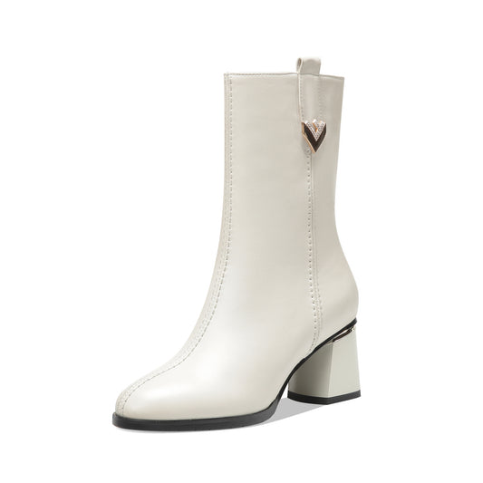 TinaCus Damen-Stiefel aus echtem Leder, handgefertigt, runde Zehenpartie, seitlicher Reißverschluss, klobiger Absatz, stilvolle Stiefel bis zur Mitte der Wade