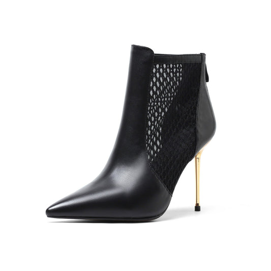 TinaCus Women's Genuine Leather Handmade Mesh Pointed Toe Stiletto Heel Back Zipper Chic Ankle Boots
