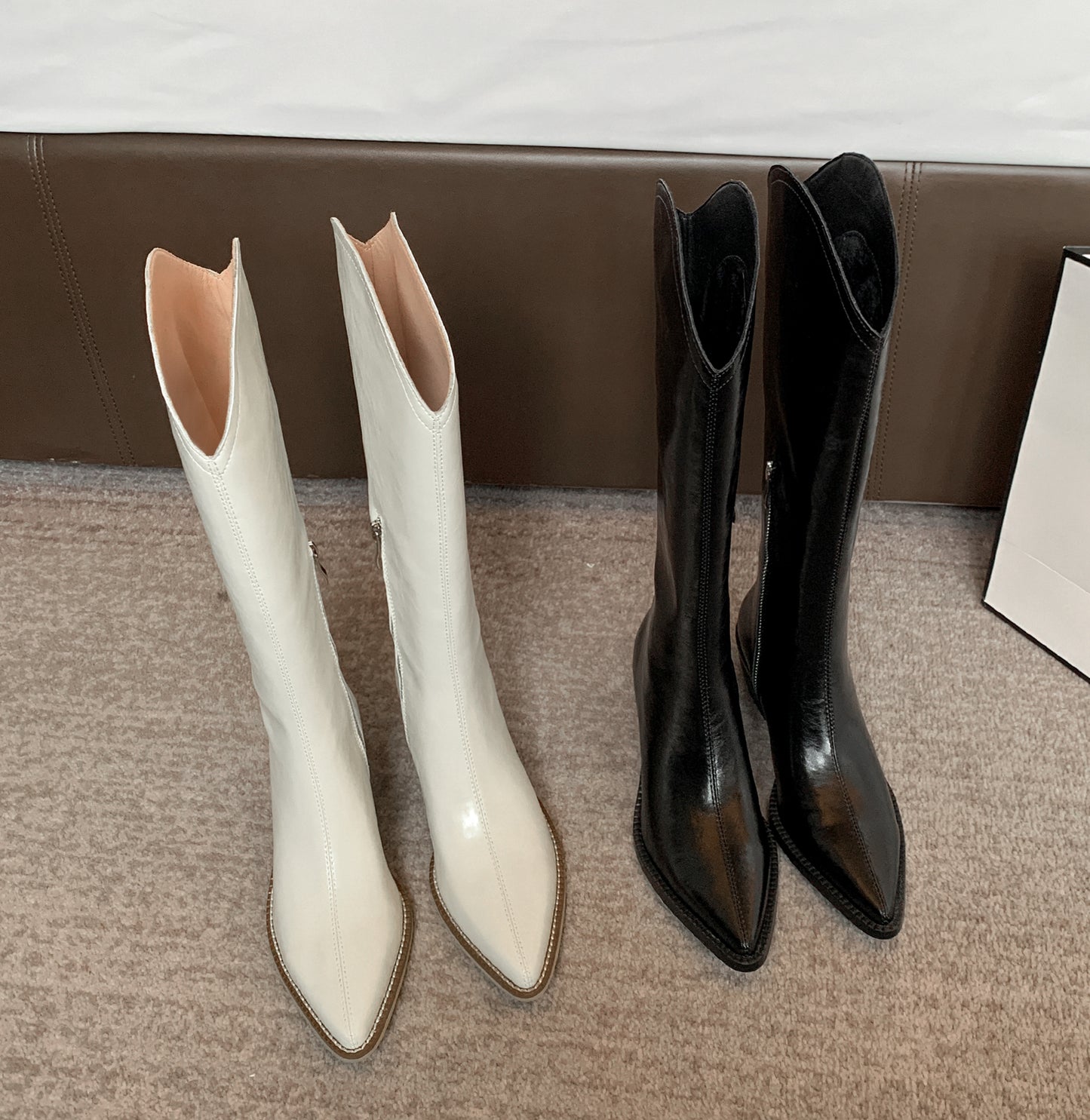 TinaCus Women's Handmade Genuine Leather Pointed Toe Comfort Mid Block Heel Side Half Zip Up Cowboy Knee High Boots