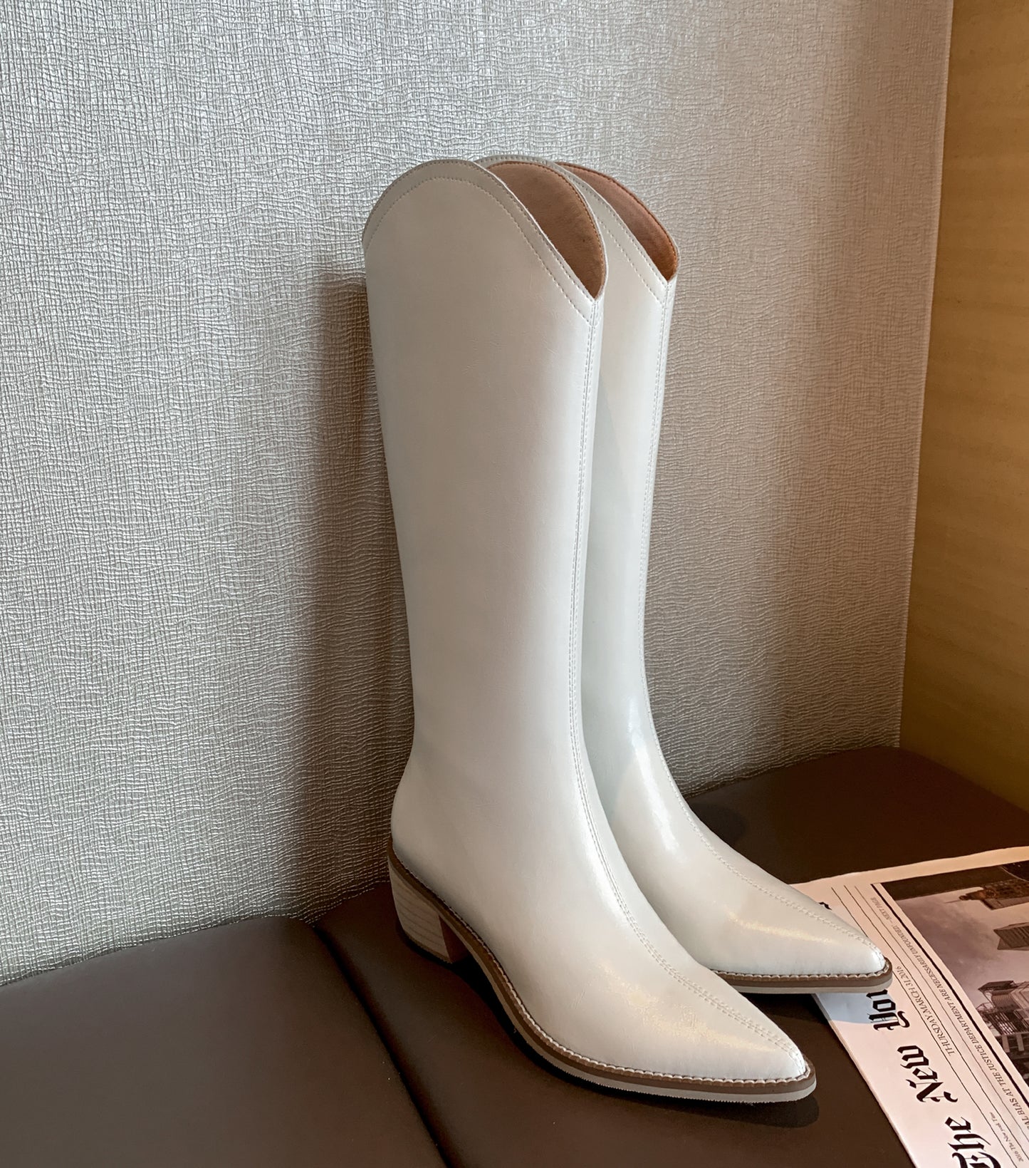 TinaCus Women's Handmade Genuine Leather Pointed Toe Comfort Mid Block Heel Side Half Zip Up Cowboy Knee High Boots