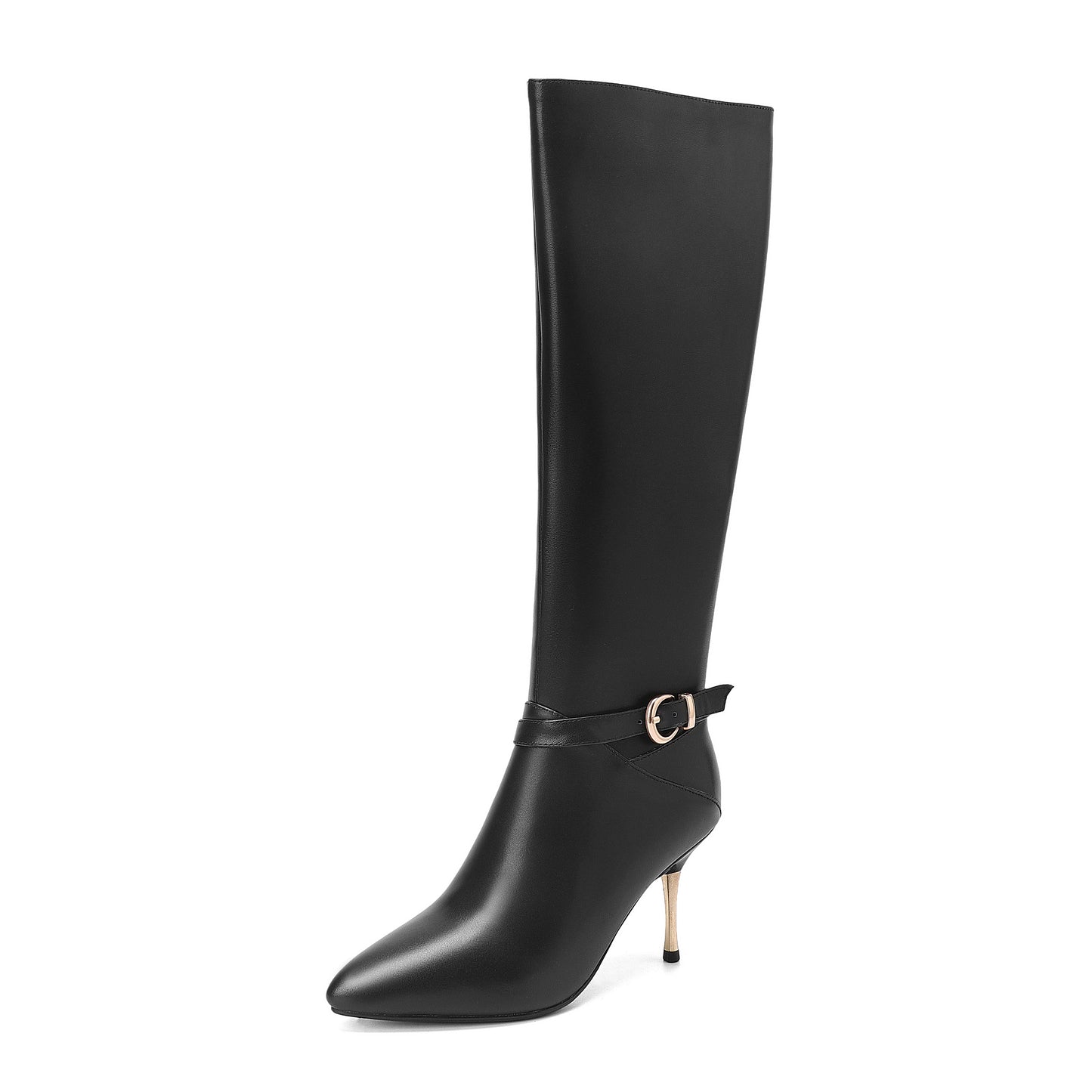 TinaCus Women's Genuine Leather Sexy Pointed Toe High Stiletto Heel Handmade Side Zip Knee High Boots with Buckle