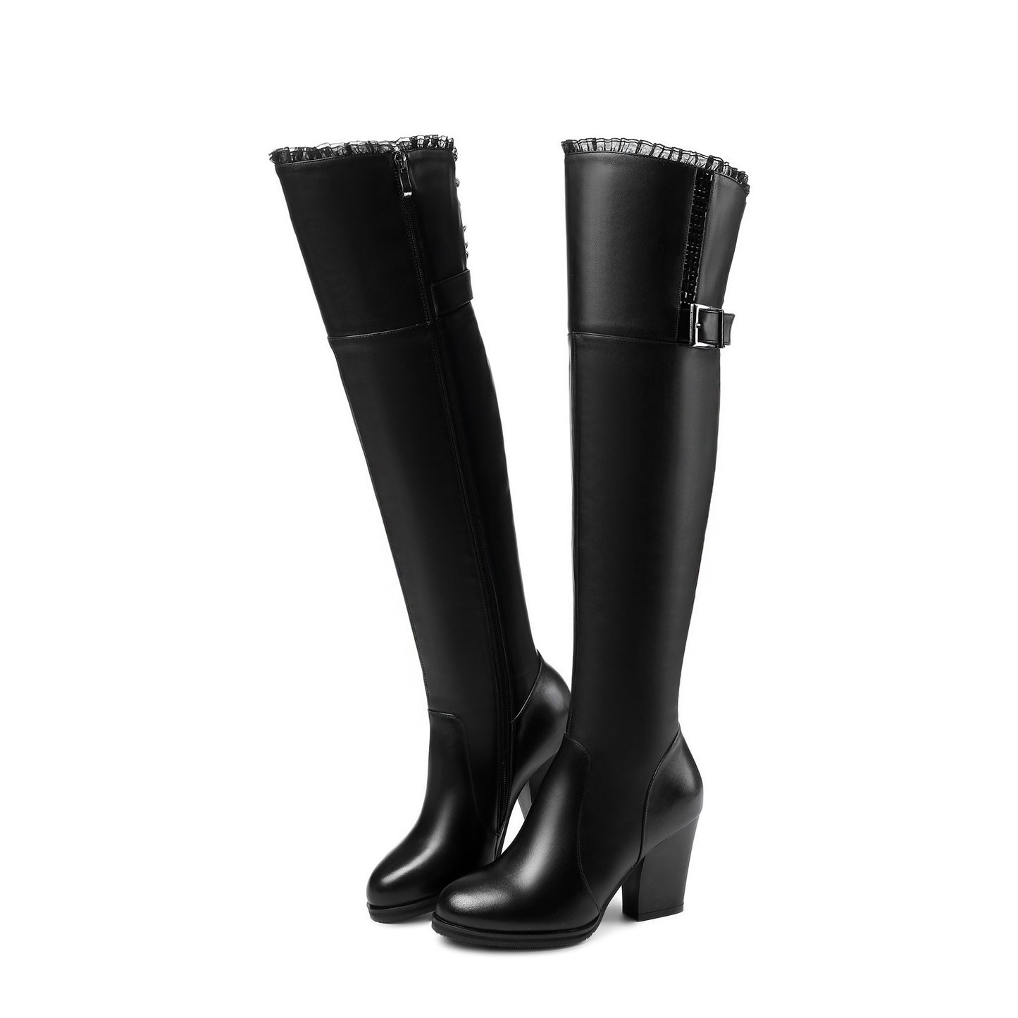 TinaCus Genuine Leather Women's Handmade Round Toe Side Zip Up High Chunky Heel Over the Knee Boots with Cool Buckle