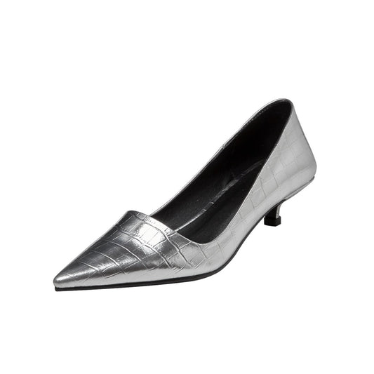 TinaCus Women's Handmade Embossed Genuine Leather Pointed Toe Sexy Kitten Heel Slip On Silver Loafer Pumps