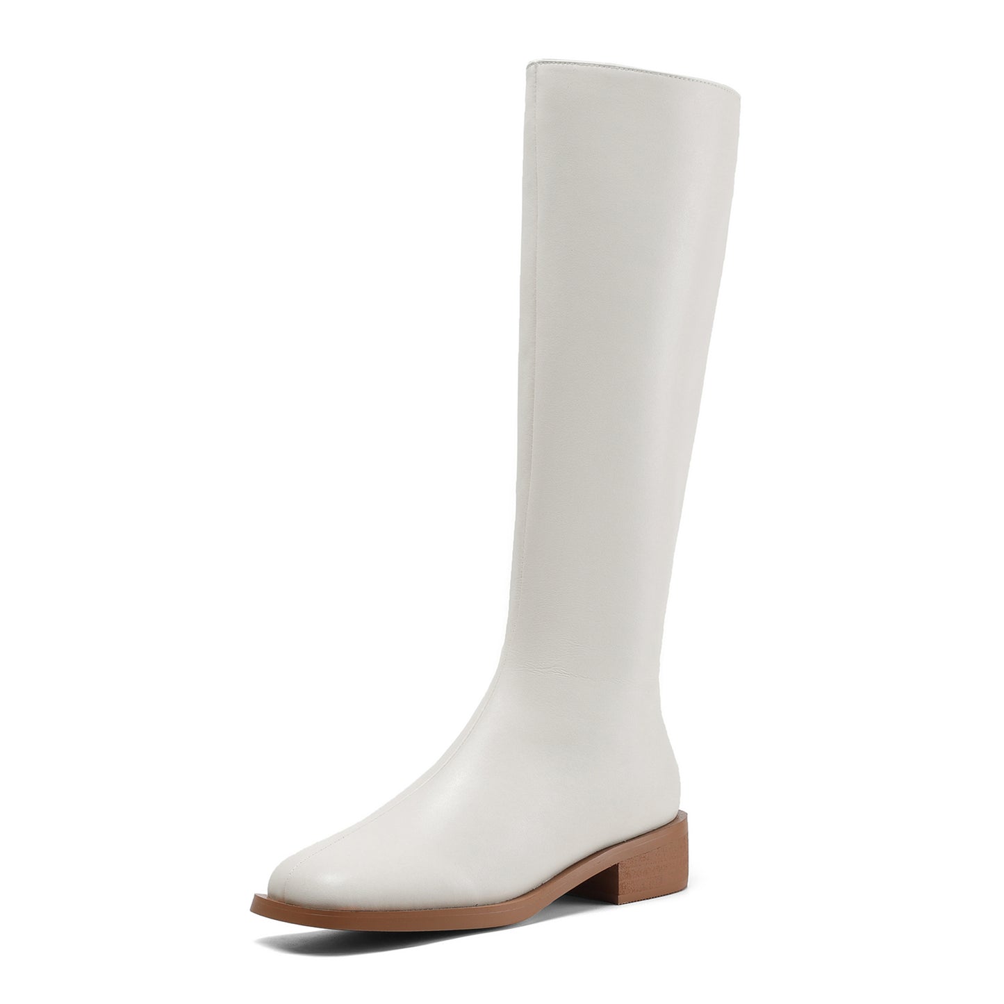 TinaCus Women's Handmade Genuine Leather Square Toe Side Zip Up Block Heel Knee High Boots