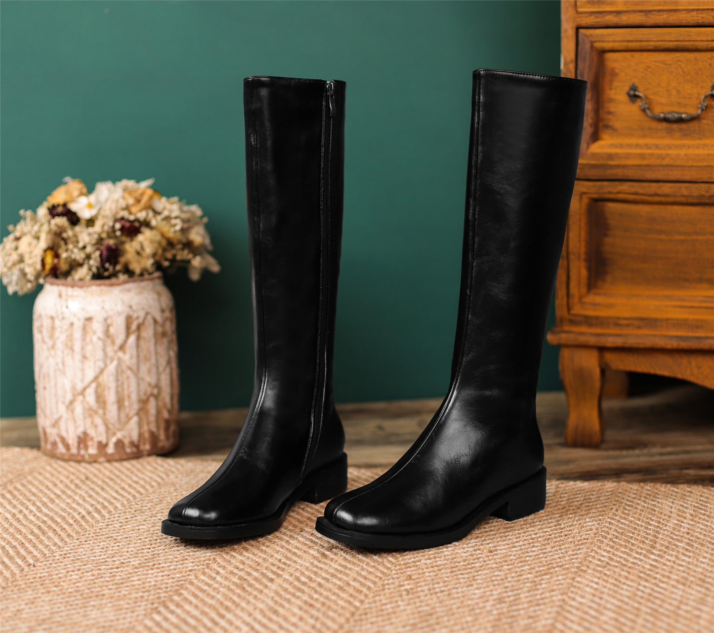 TinaCus Women's Handmade Genuine Leather Square Toe Side Zip Up Block Heel Knee High Boots