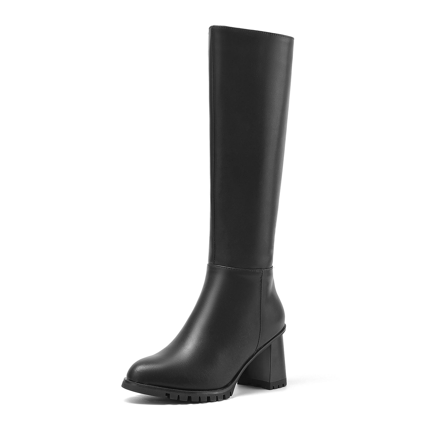 TinaCus Women's Round Toe Genuine Leather Hnadmade High Chunky Heels Side Zip Up Knee High Boots