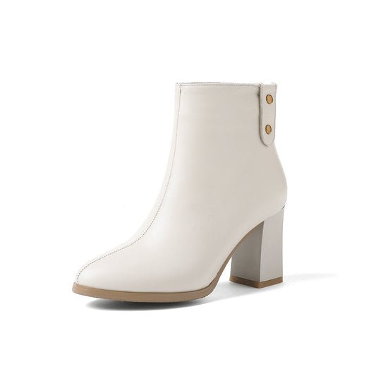 TinaCus Women's Genuine Leather Pointed Toe Handmade Back Zip Block Mid Heel Trendy Ankle Boots