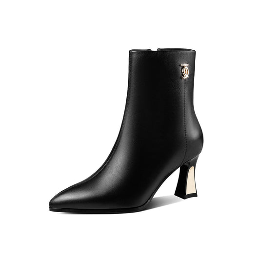 TinaCus Women's Handmade Genuine Leather Side Zip Up Mid Heel Pointed Toe Elegant Ankle Booties