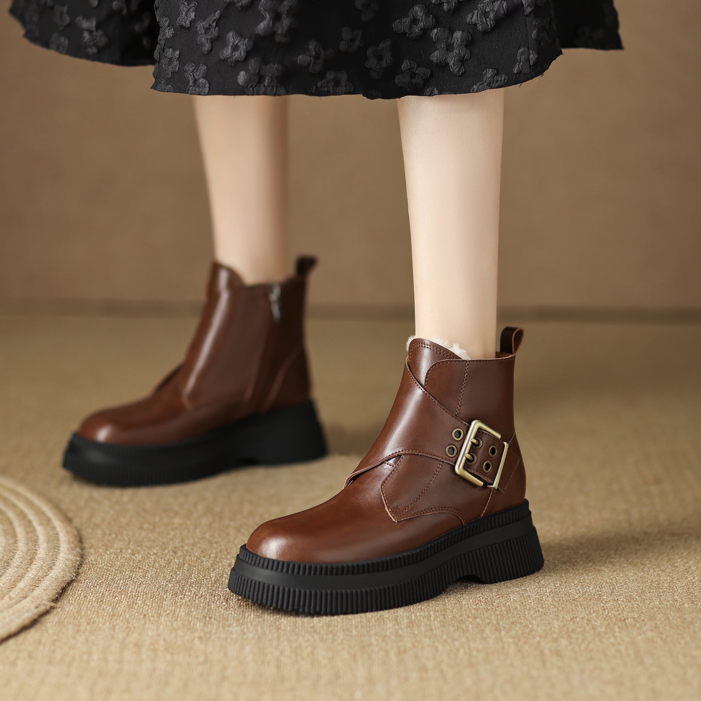 TinaCus Handmade Women's Genuine Leather Side Zip Buckle Round Toe Low Block Heel Platform Boots