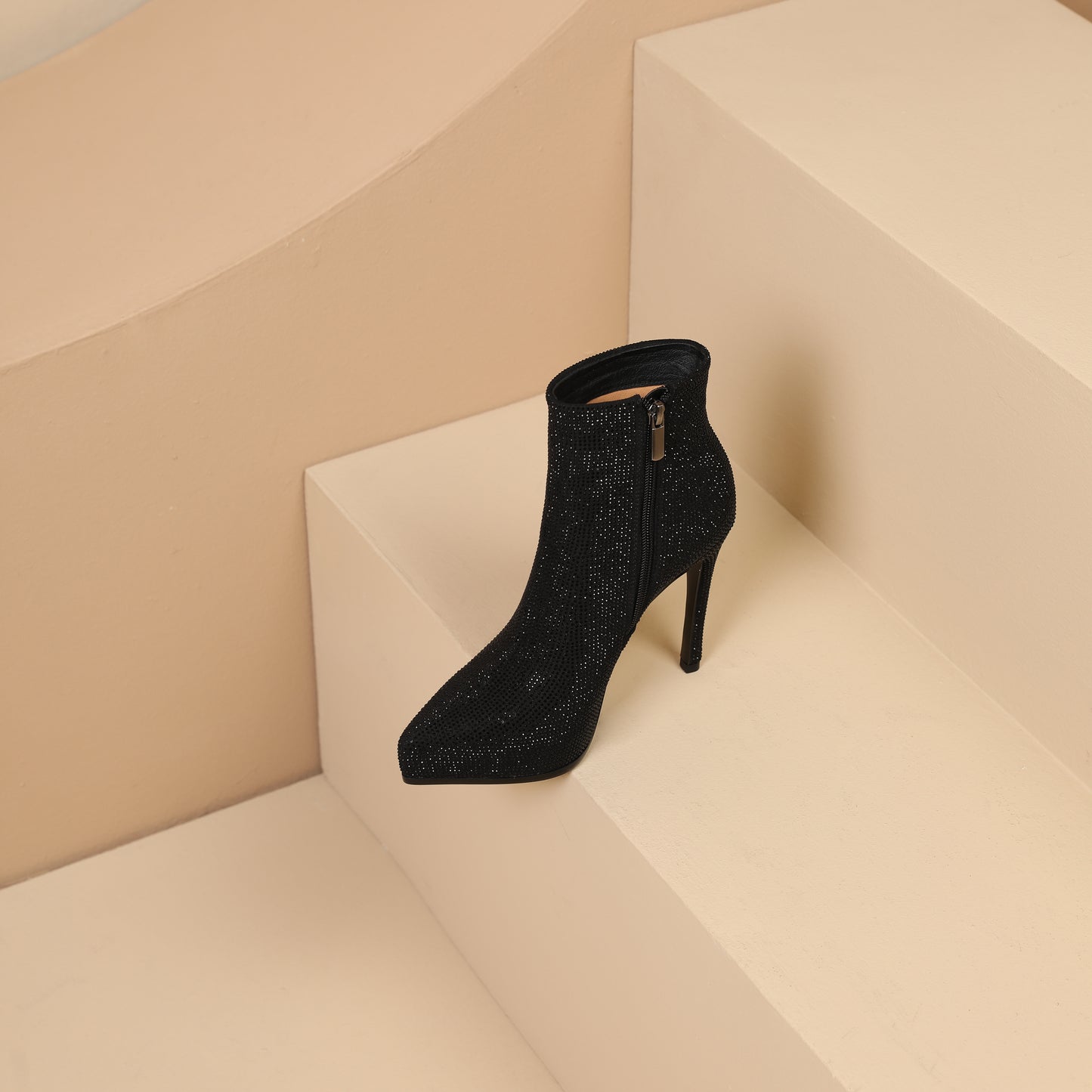 TinaCus Handmade Women's Genuine Leather Glittering Rhinestones Platform Side Zipper Pointed Toe High Stiletto Heel Ankle Boots