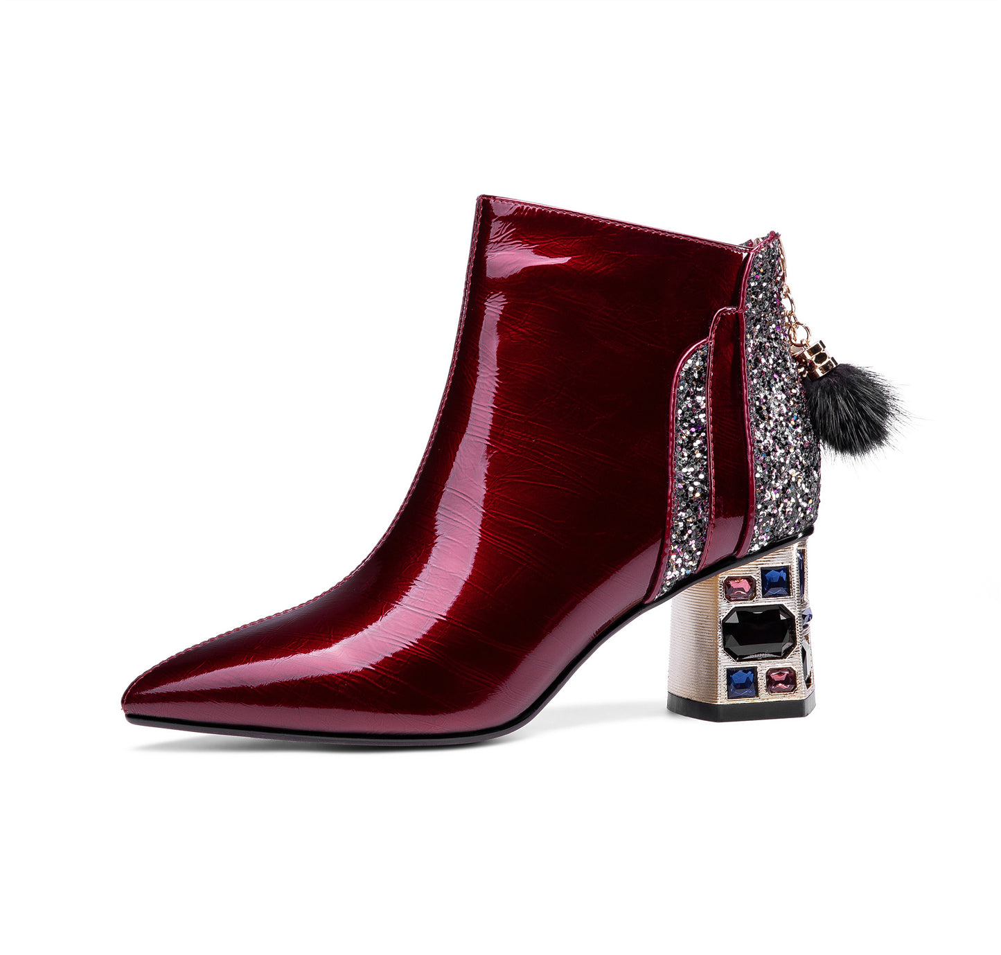 TinaCus Women's Patent Leather Handmade Crystal Mid Chunky Heel Back Zipper Pointed Toe Plus-Size Ankle Boots With Glitter and Fur Pendant