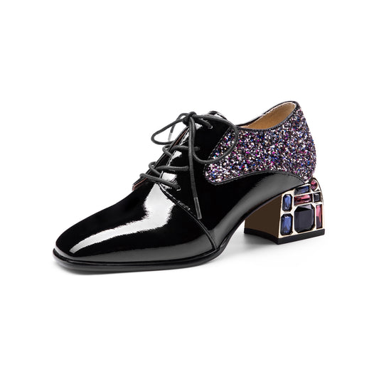 TinaCus Damen-Pumps aus glänzendem Lackleder, handgefertigt, klassisch, quadratische Zehenpartie, Kristall, mittelhoher Absatz, Schnürung, Glitzer-Dekor