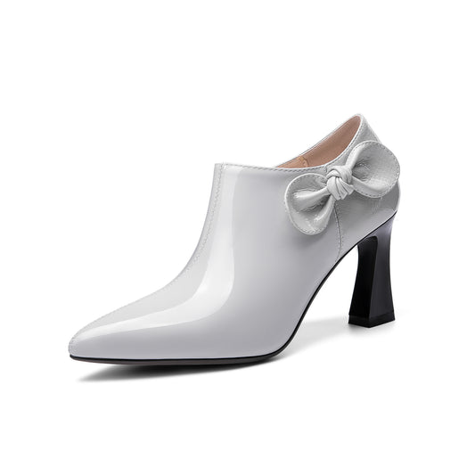 TinaCus Damen-Pumps aus Lackleder, handgefertigt, spitze Zehenpartie, seitlicher Reißverschluss, elegant, hoher Blockabsatz, mit süßer Schleife