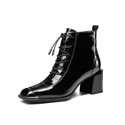 TinaCus Women's Patent Leather Handmade Square Cap-Toe Mid Chunky Heel Side Zipper Ankle Boots with Band