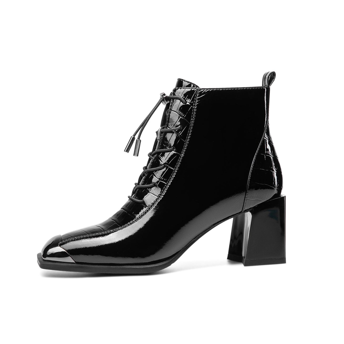 TinaCus Women's Patent Leather Handmade Square Cap-Toe Mid Chunky Heel Side Zipper Ankle Boots with Band