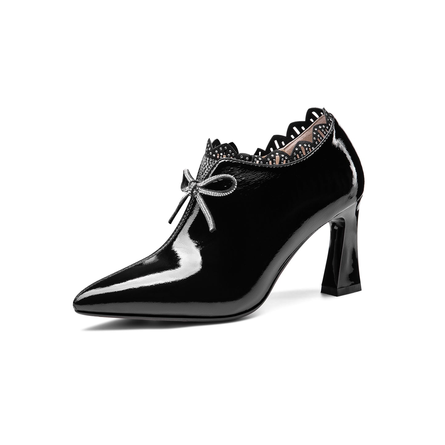 TinaCus Women's Handmade Glossy Patent Leather Pointed Toe Mid Heel Side Zip Up Pump Shoes with Cute Bowtie