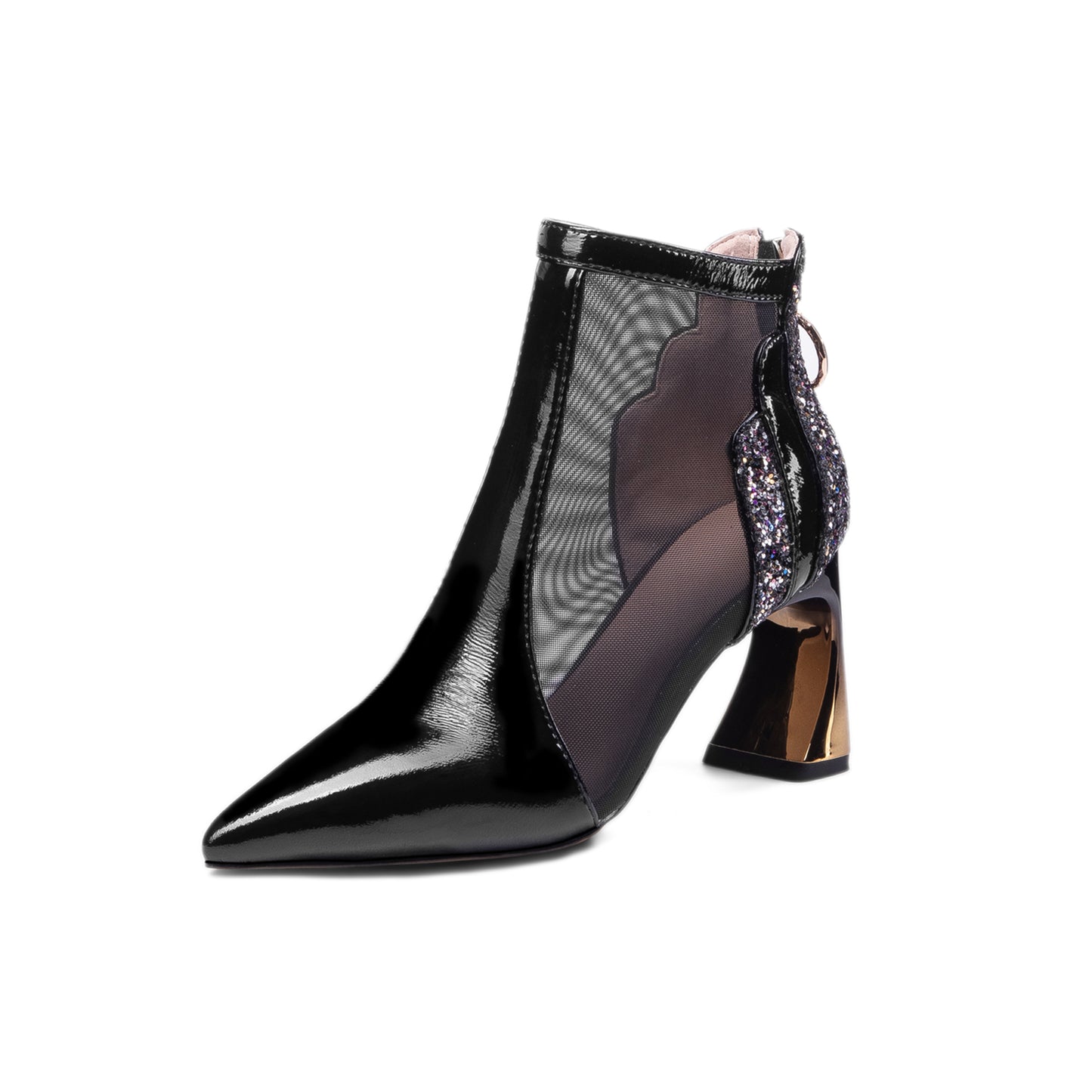 TinaCus Women's Patent Leather Handmade Mesh Pointed Toe Back Zip Up High Spool Heel Elegant Glitter Summer Booties