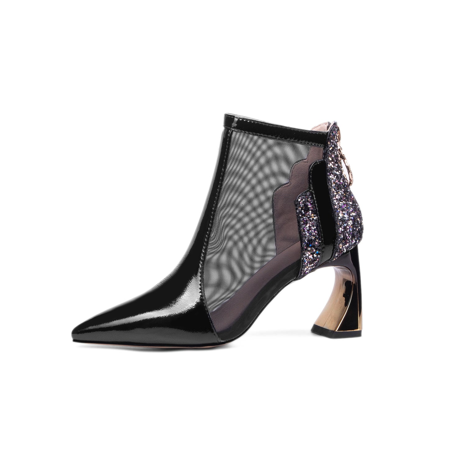 TinaCus Women's Patent Leather Handmade Mesh Pointed Toe Back Zip Up High Spool Heel Elegant Glitter Summer Booties