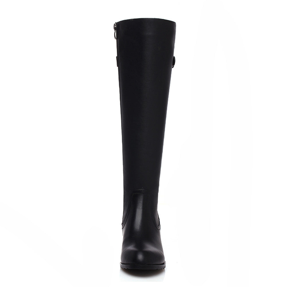TinaCus Women's Genuine Leather Buckle Zip Mid Calf Boots - Low Chunky Heel