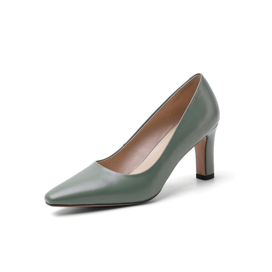 TinaCus Genuine Leather Women's Handmade Closed Pointed Toe High Chunky Heel Slip On Loafer Pump Shoes