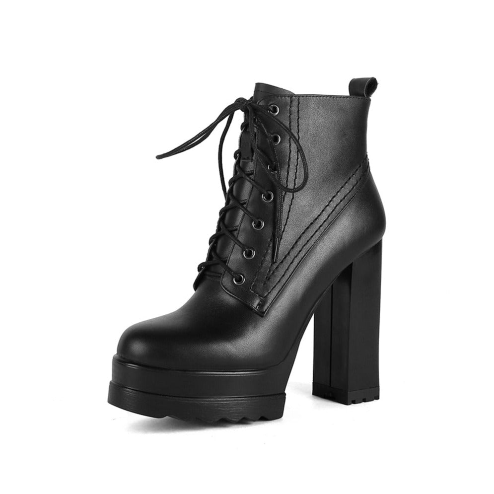 TinaCus Genuine Leather Round Toe Handmade Lace Up Side Zipper High Chunky Heel Women's Cool Ankle Boots with Platform