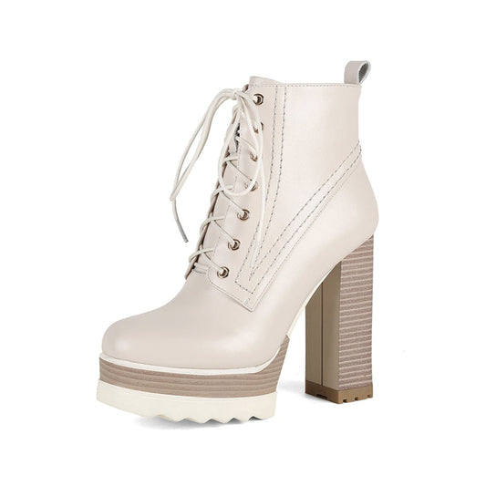 TinaCus Genuine Leather Round Toe Handmade Lace Up Side Zipper High Chunky Heel Women's Cool Ankle Boots with Platform